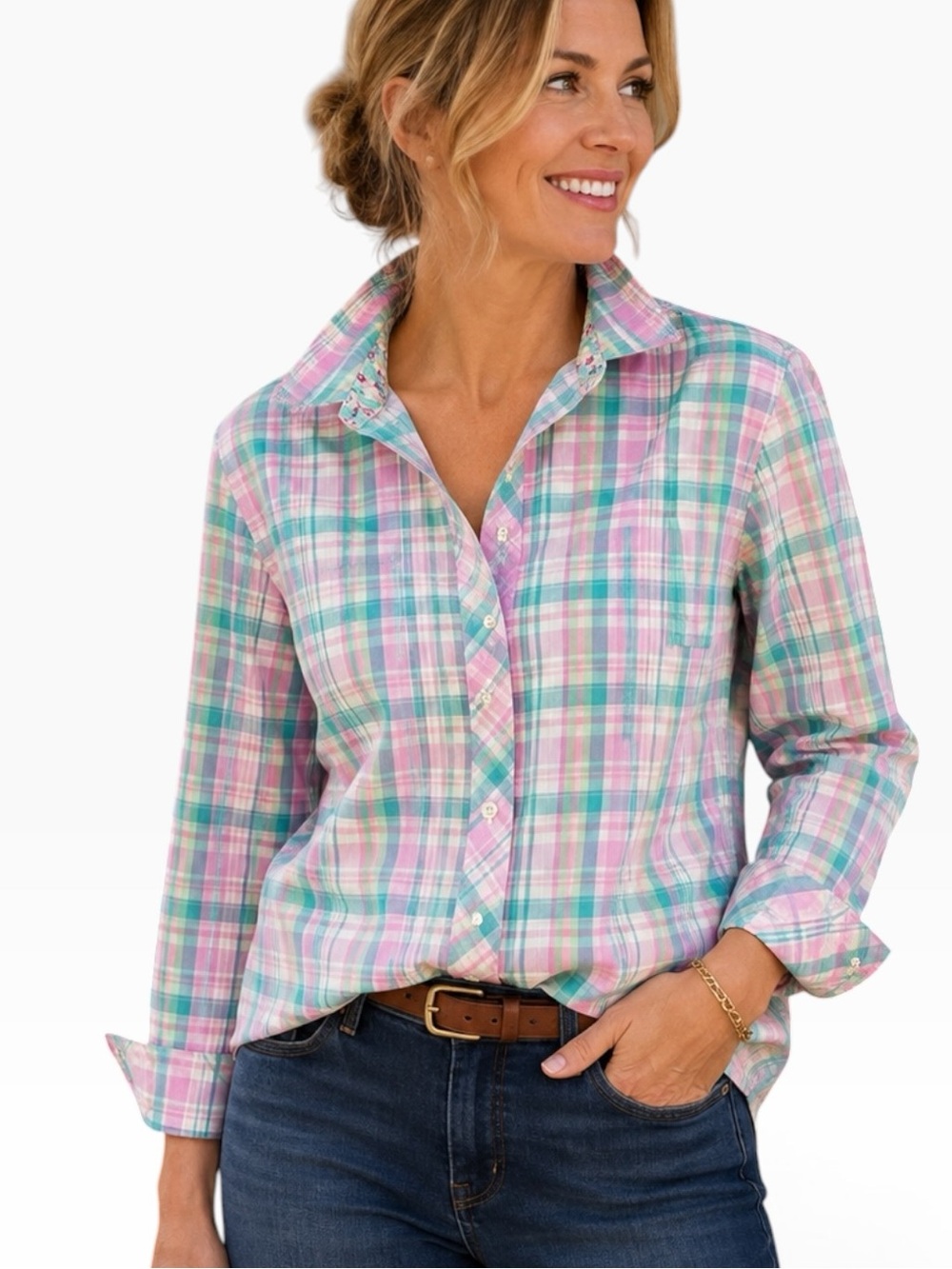 Talbots | Plaids Button-Up Shirt in Pink & Teal Sz L EUC